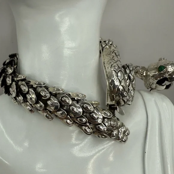 Nacho Gomez Taxco 950 Sterling Silver Rattlesnake Bracelet Malachite Eyes NWOT - Picture 12 of 17